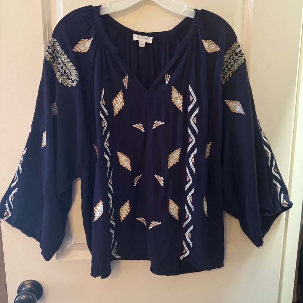 Velzera Navy Blouse with Gold and White Embroidery